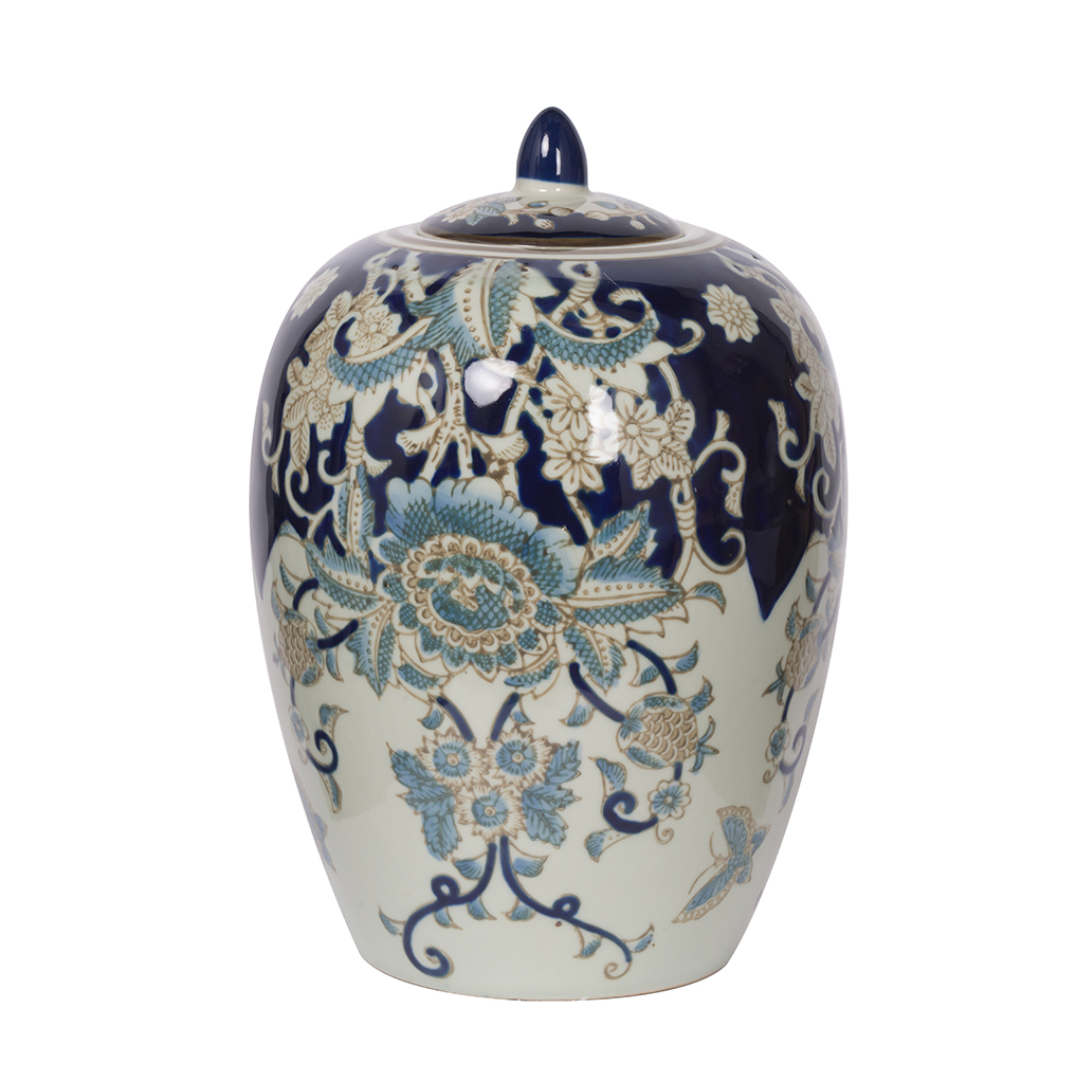 Blue and White Chinoiserie Small Floral Jar with Lid