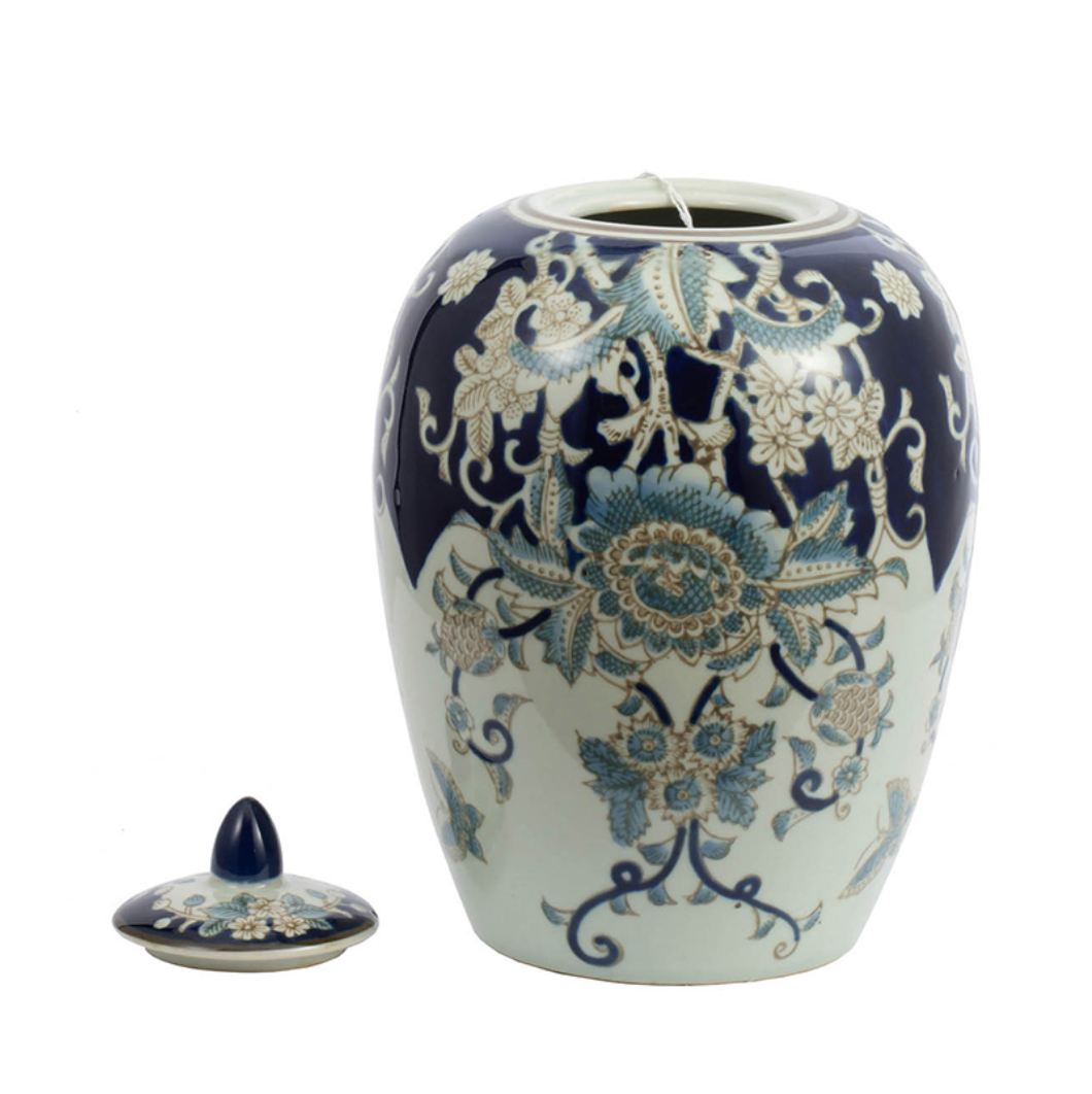 Blue and White Chinoiserie Small Floral Jar with Lid