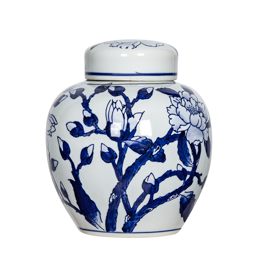 Blue and White Magnolia Pattern Curved Jar with Lid