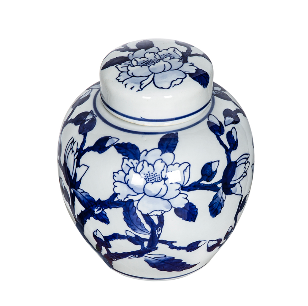 Blue and White Magnolia Pattern Curved Jar with Lid
