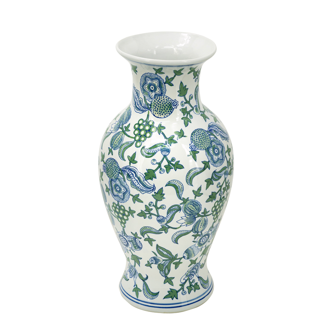Decorative Porcelain Floral Vase with Blue, Green, and White Cherry Blossom Patterns