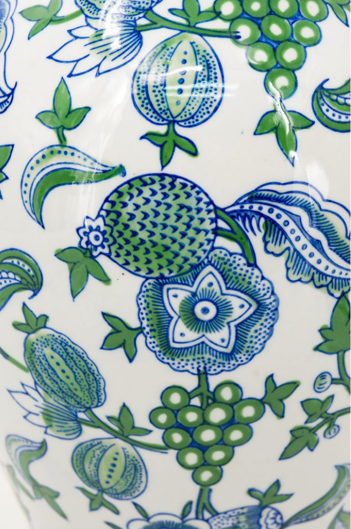 Decorative Porcelain Floral Vase with Blue, Green, and White Cherry Blossom Patterns