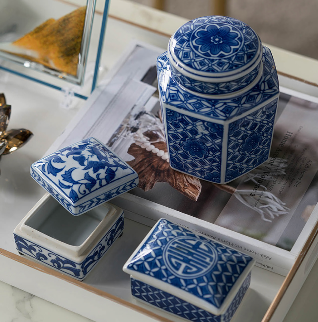 Set of 3 Leith Blue & Whte Decorative Boxes